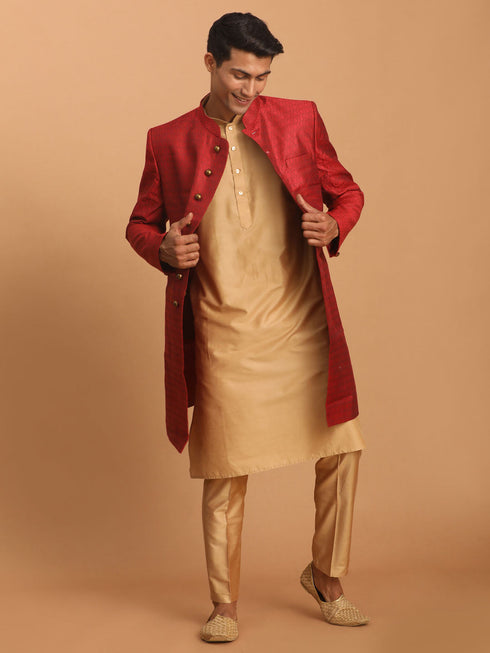 Vastramay Men's Maroon Silk Blend Sherwani With Rose Gold Kurta Pant Set